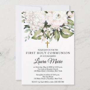 Invitación Florales de color blanco, primera comunión sagrada