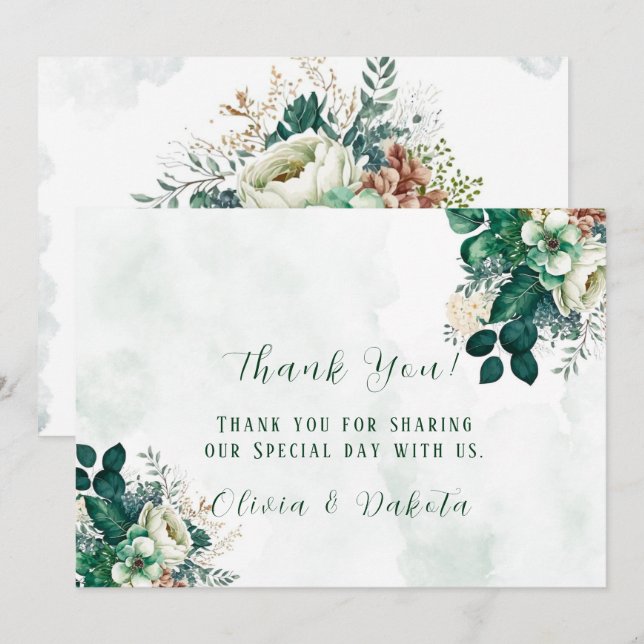Invitación Florales de Crema Verde Esmeralda Gracias Cartas (Anverso / Reverso)