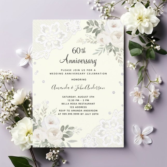 Invitación Florales de diamantes de marfil 60° aniversario de (Subido por el creador)