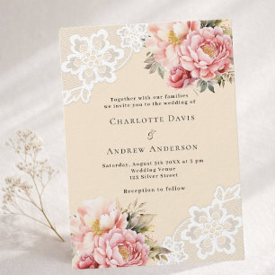Invitación Florales de encaje rosa dorado beige de alta calid