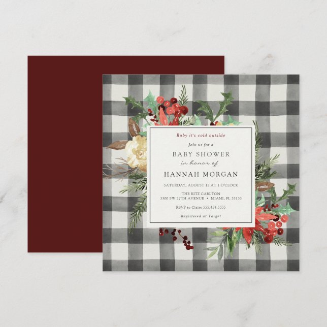 Invitación Florales de invierno y Baby Shower de Plaid Evergr (Anverso / Reverso)