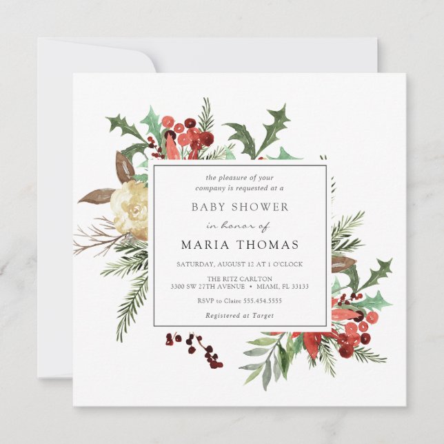Invitación Florales de invierno y Baby Shower Evergreen (Anverso)