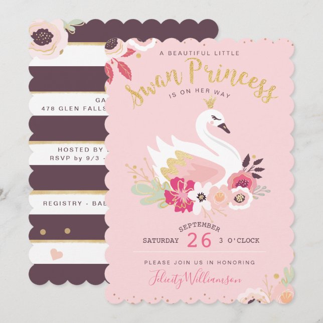 Invitación Florales de la Princesa de Swan y Baby Shower Chic (Anverso / Reverso)