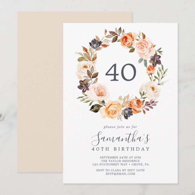 Invitación Florales de la Tierra Rustica 40 cumpleaños (Anverso / Reverso)