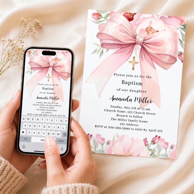 Invitación Florales de lazo rosa niña Bautizo (Subido por el creador)