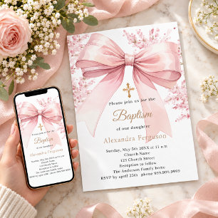 Invitación Florales de lazo rosa niña Bautizo