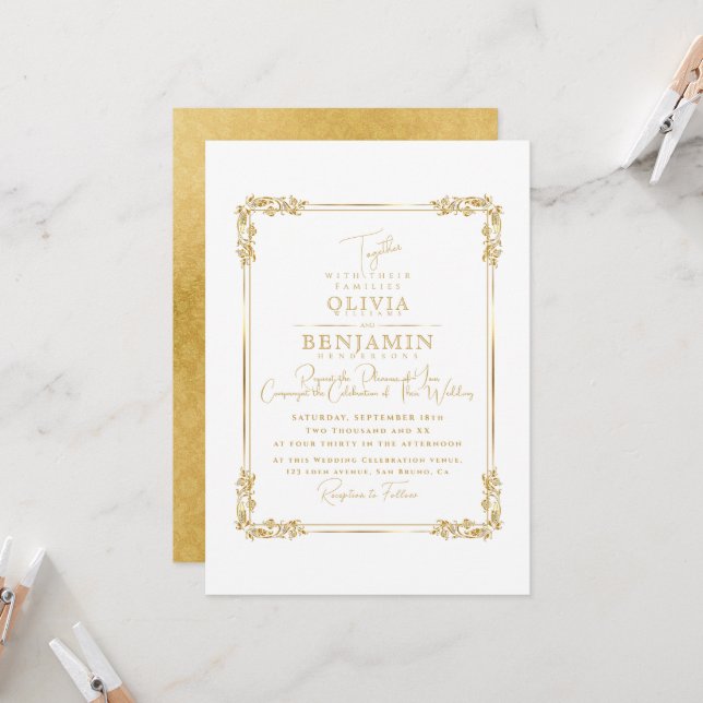 Invitación Florales de marco dorado real y Boda oscuro dorado (Anverso/Reverso In Situ)