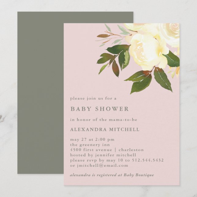 Invitación Florales de marfil acuarela en Rubor | Baby Shower (Anverso / Reverso)