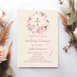 Invitación Florales de marfil sonrosado lazo cruz Primera Com