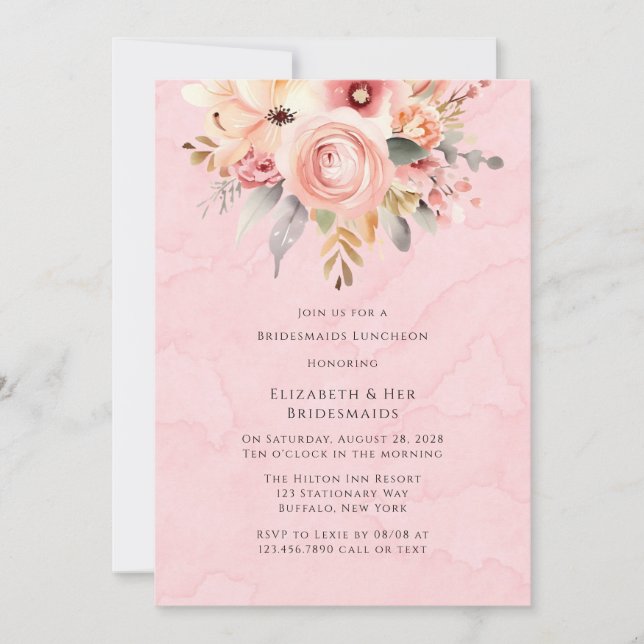 Invitación Florales de Moda rosada y dorada Bridesmaids Lunch (Anverso)