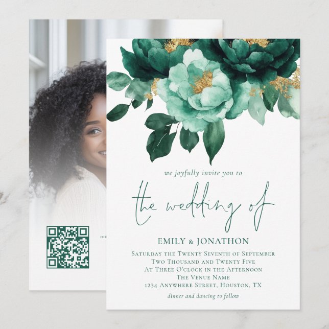 Invitación Florales de oro esmeralda Foto Boda de código QR (Anverso / Reverso)