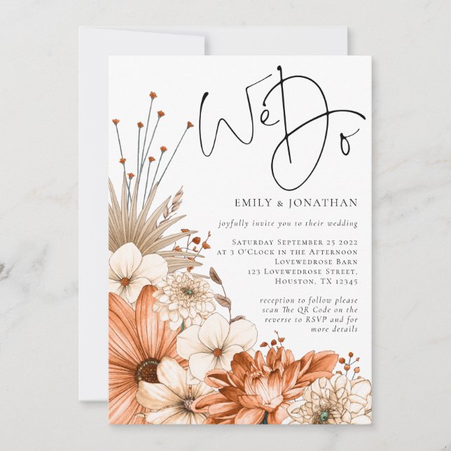 Invitación Florales de otoño escribimos Boda de código QR (Anverso)