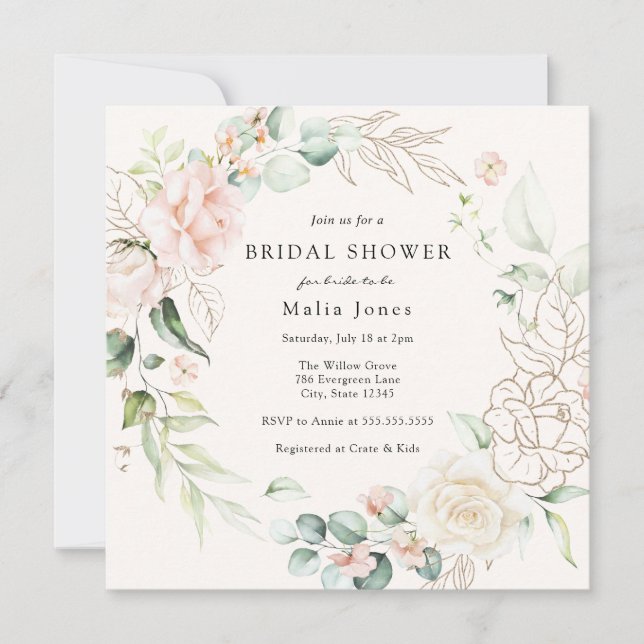 Invitación Florales de Rubor y ducha de novia verde (Anverso)