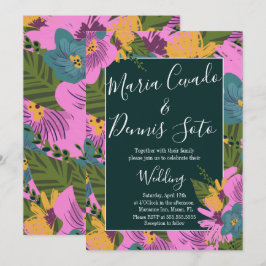 Invitación Florales Dibujados a Mano Bodas Verde Bold Rosa