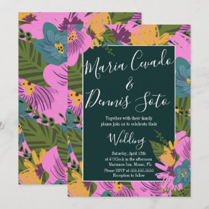 Invitación Florales Dibujados a Mano Bodas Verde Bold Rosa 