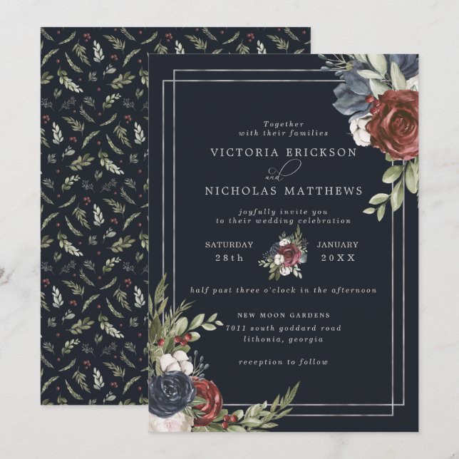 Invitación Florales escarchados | Boda Botánico de Invierno (Anverso / Reverso)