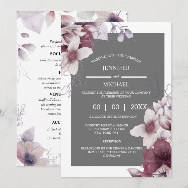 Invitación Florales grises púrpuras flores silvestres (Anverso / Reverso)