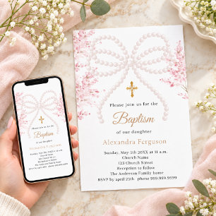 Invitación Florales lazo rosa perlas niña Bautizo