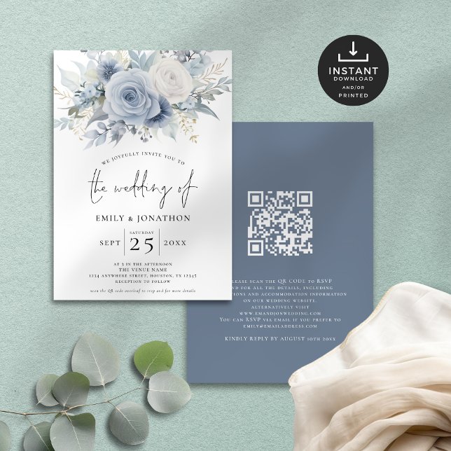 Invitación Florales modernos Código QR Boda azul turbio (Front and back view)