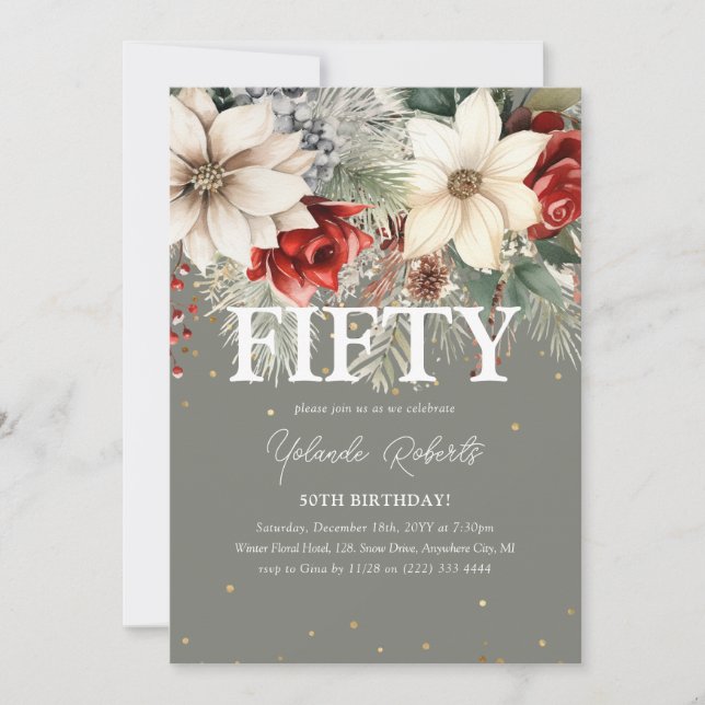 Invitación Florales Navideños Cumpleaños 50 (Anverso)