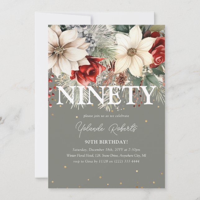 Invitación Florales Navideños de Cumpleaños 90 (Anverso)