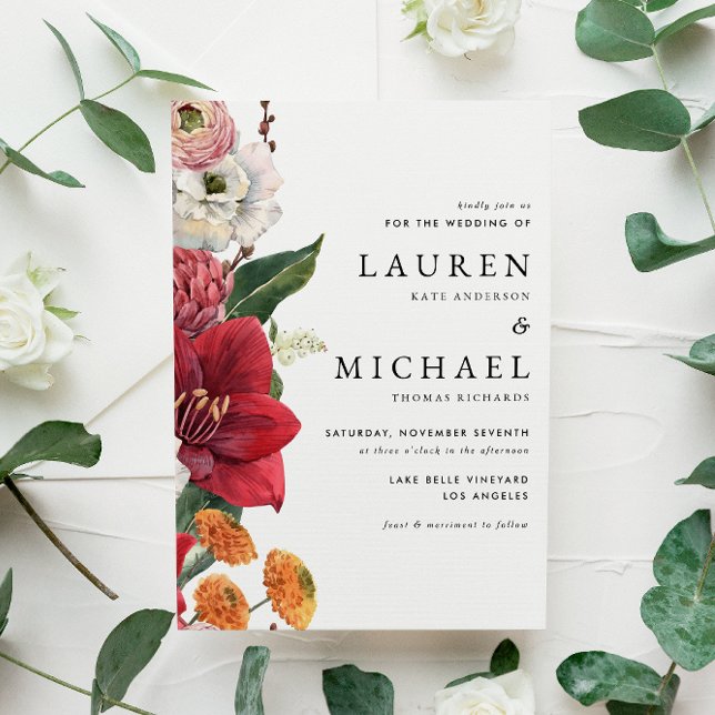 Invitación Florales otoñales con Red Amaryllis QR Code Boda (Fall-inspired QR code wedding invitation with amaryllis, chrysanthemums, ranunculus, and lisanthus. )