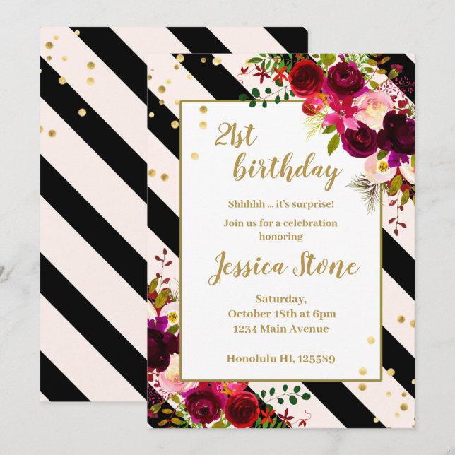 Invitación Florales rayas blancas y negras cumplen 21 años (Anverso / Reverso)