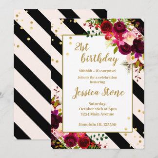 Invitación Florales rayas blancas y negras cumplen 21 años