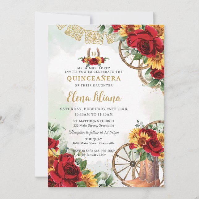 Invitación Florales Rojas Saltos de Flores Horseshoe Quinceañ (Anverso)