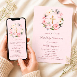 Invitación Florales rosa rubor cruzan Primera Comunión