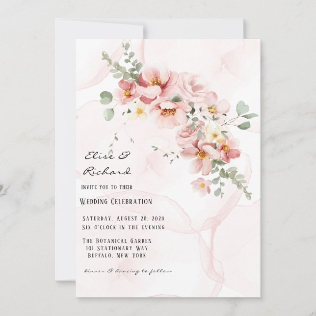 Invitación Florales rosados Elegante Boda Eucalyptus (Anverso)