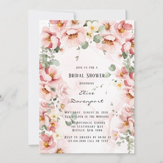 Invitación Florales rosados Elegante Eucalyptus Bridal Shower (Anverso)