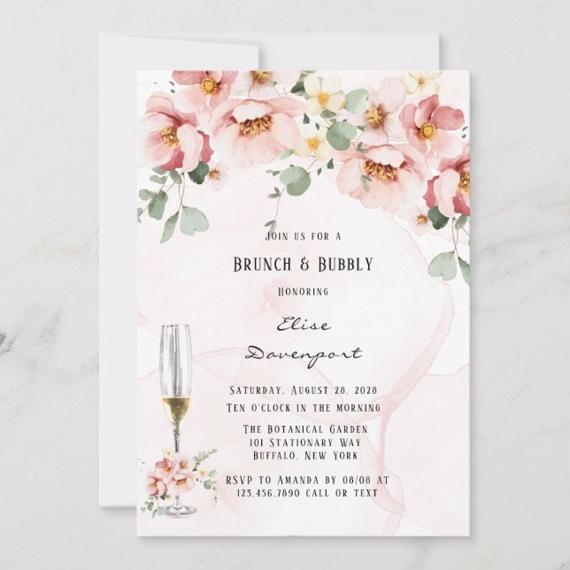Invitación Florales rosados Elegantes Eucalyptus Brunch & Bub (Anverso)
