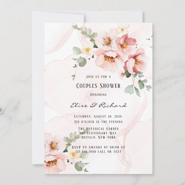 Invitación Florales rosados Elegantes Eucalyptus Ducha Pareja (Anverso)