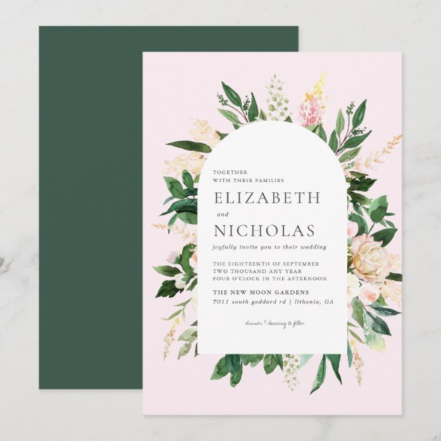 Invitación Florales rosas y Boda botánico de la vegetación (Anverso / Reverso)