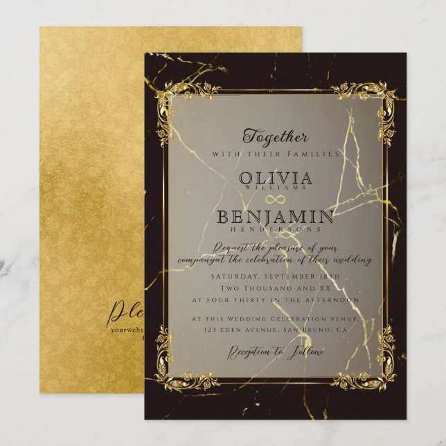 Invitación Florales Royal Gold Frame y Boda de Marble Negro (Anverso / Reverso)