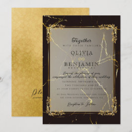 Invitación Florales Royal Gold Frame y Boda de Marble Negro