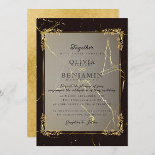 Invitación Florales Royal Gold Frame y Boda de Marble Negro