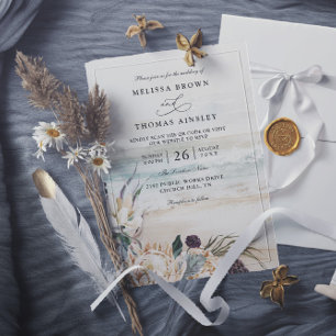 Invitación florales tropicales protea playa código qr boda