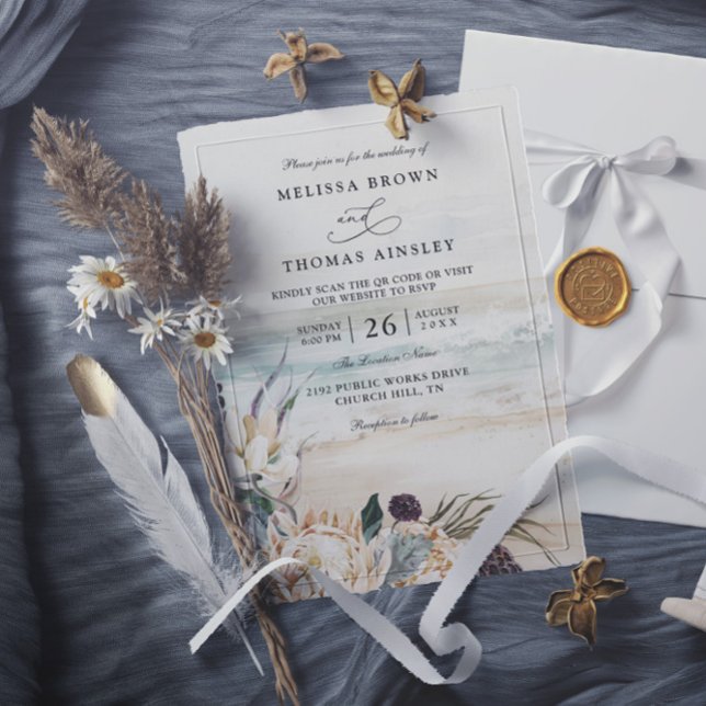 Invitación florales tropicales protea playa código qr boda (Subido por el creador)