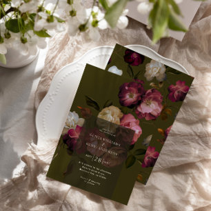 Invitación Florales Verde Oscuro Elegante Romántico Negro