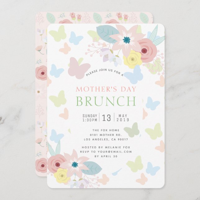 Invitación Florales y mariposas: Brunch del Día de la Madre R (Anverso / Reverso)