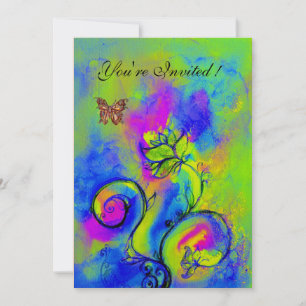 Invitación FLORALES Y MARIPOSAS CAPRICHOSAS azul amarillo púr