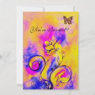 Invitación FLORALES Y MARIPOSAS caprichosas púrpura amarillo 