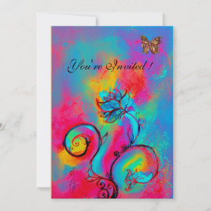 Invitación FLORALES Y MARIPOSAS caprichosas rosa azul amarill