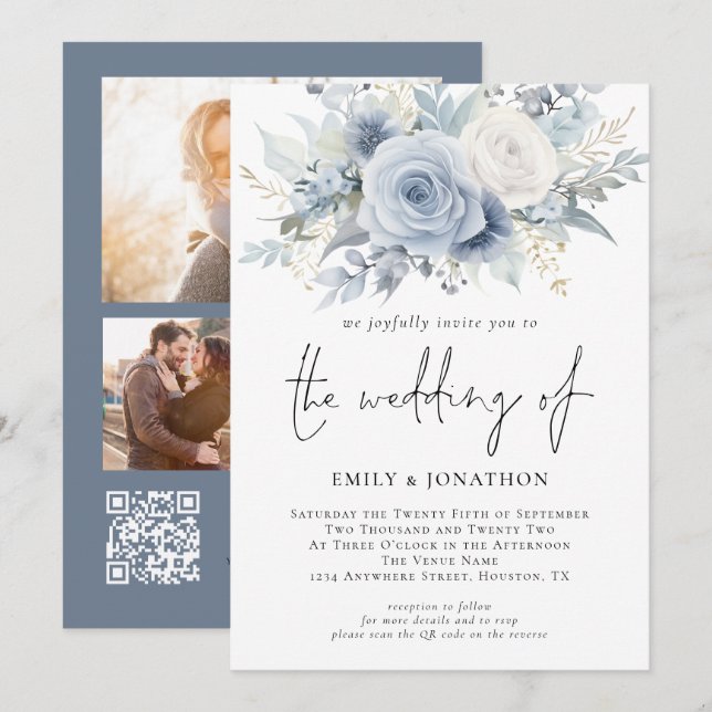 Invitación Florals 3 Fotos Código QR Boda azul turbio (Anverso / Reverso)