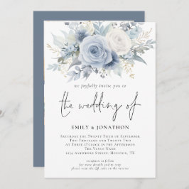 Invitación Florals 3 Fotos Código QR Boda azul turbio