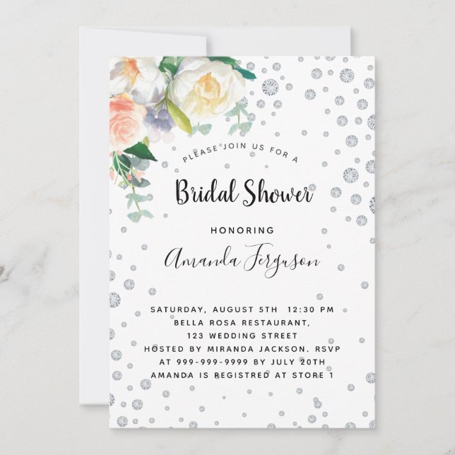 Invitación Florals blanco rosa oro glamoroso ducha de novia (Anverso)