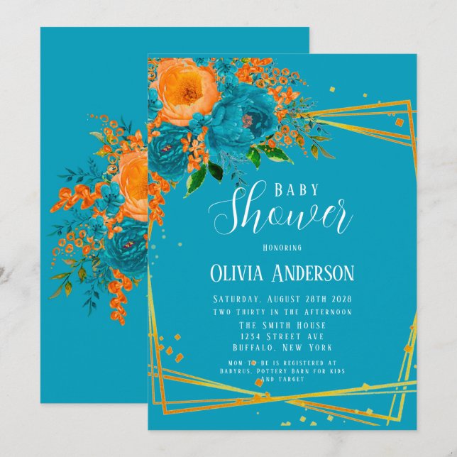 Invitación Florals Gold Baby Shower verde azulado y Naranja (Anverso / Reverso)