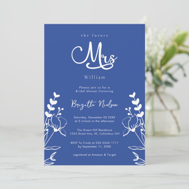 Invitación Florals minimalistas Delft Blue Bridal Shower (Anverso de pie)